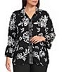 Allison Daley Plus Size Floral Print 3/4 Flounce Sleeve Button Front Point Collar Top - Image 1