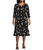 Color:Wildflower Mix - Image 1 - Plus Size Floral Print 3/4 Ruched Sleeves V-Neck Ruffle Hem A-Line Midi Dress