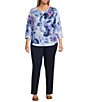 Color:Bloomfield Placement - Image 3 - Plus Size Floral Print 3/4 Sleeve Round Neck Knit Top