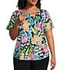 Color:Petals and Posies - Image 1 - Plus Size Floral Print Short Sleeve Crew Neck Art Tee Shirt