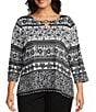Allison Daley Plus Size Floral Stripe 3/4 Sleeve Keyhole Neck Knit Top, Color:Floral Stripe - Image 1