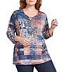 Allison Daley Plus Size Flowering Plaid Print 3/4 Sleeve Split-V Neck Knit Top - Image 1