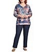 Allison Daley Plus Size Flowering Plaid Print 3/4 Sleeve Split-V Neck Knit Top - Image 3