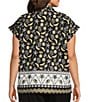 Allison Daley Plus Size Fruit Print Cap Sleeve Point Collar Button-Front Shirt, Color:Black/White Border Fruit Multi - Image 2