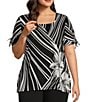 Allison Daley Plus Size Hibiscus Wave Print Short Ruched Tie Sleeve Square Neck Knit Top, Color:Black/White Hibiscus Wave - Image 1