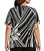 Allison Daley Plus Size Hibiscus Wave Print Short Ruched Tie Sleeve Square Neck Knit Top, Color:Black/White Hibiscus Wave - Image 2