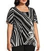Allison Daley Plus Size Hibiscus Wave Print Short Ruched Tie Sleeve Square Neck Knit Top, Color:Black/White Hibiscus Wave - Image 3
