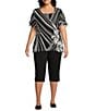 Allison Daley Plus Size Hibiscus Wave Print Short Ruched Tie Sleeve Square Neck Knit Top, Color:Black/White Hibiscus Wave - Image 5