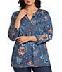Allison Daley Plus Size Indigo Multi Floral Print 3/4 Tie Sleeve Y-Neck Blouse - Image 1