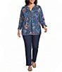 Allison Daley Plus Size Indigo Multi Floral Print 3/4 Tie Sleeve Y-Neck Blouse - Image 3