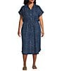 Allison Daley Plus Size Indigo Print Short Sleeve Shirt Midi Dress, Color:Indigo Multi Damask - Image 1