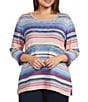 Allison Daley Plus Size Multi Stripe 3/4 Sleeve Crew Neck Scuba Knit Embellished Top, Color:Multi Stripe - Image 1