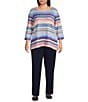 Allison Daley Plus Size Multi Stripe 3/4 Sleeve Crew Neck Scuba Knit Embellished Top, Color:Multi Stripe - Image 3
