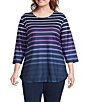 Color:Soft Ombre Stripe - Image 1 - Plus Size Ombre Striped Print 3/4 Sleeve Round Neck Knit Tunic Top