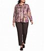 Allison Daley Plus Size Patchwork Long Sleeve Point Collar Button Front Top - Image 3