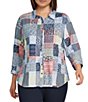 Allison Daley Plus Size Patchwork Print 3/4 Sleeve Point Collar Button Front Shirt - Image 1