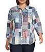 Allison Daley Plus Size Patchwork Print 3/4 Sleeve Point Collar Button Front Shirt - Image 1