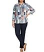 Allison Daley Plus Size Patchwork Print 3/4 Sleeve Point Collar Button Front Shirt - Image 3