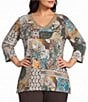 Allison Daley Plus Size Patchwork Print 3/4 Sleeve V-Neck Embellished Top - Image 1