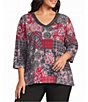 Allison Daley Plus Size Patchwork Print 3/4 Sleeve V-Neck Embellished Top - Image 1