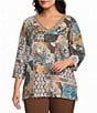 Allison Daley Plus Size Patchwork Print 3/4 Sleeve V-Neck Embellished Top - Image 1
