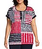 Allison Daley Plus Size Patchwork Stripe Short Sleeve Crew Neck Knit Top - Image 1