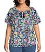 Allison Daley Plus Size Picnic Bouquet Print Flutter Sleeve Tassel Tie Neck Knit Top, Color:Indigo Picnic Bouquet - Image 1