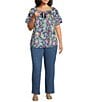 Allison Daley Plus Size Picnic Bouquet Print Flutter Sleeve Tassel Tie Neck Knit Top, Color:Indigo Picnic Bouquet - Image 3