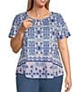Allison Daley Plus Size Pink Folk Tile Print Short Sleeve Keyhole Neck Knit Top, Color:French Rose Pink Folk Tile - Image 1