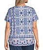 Allison Daley Plus Size Pink Folk Tile Print Short Sleeve Keyhole Neck Knit Top, Color:French Rose Pink Folk Tile - Image 2