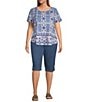 Allison Daley Plus Size Pink Folk Tile Print Short Sleeve Keyhole Neck Knit Top, Color:French Rose Pink Folk Tile - Image 3