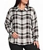 Allison Daley Plus Size Plaid Long Sleeve Button Front Point Collar Top - Image 1