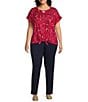 Allison Daley Plus Size Red Firework Print Short Sleeve Keyhole Neckline Knit Top, Color:Red Firework - Image 3