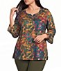 Allison Daley Plus Size Scroll Foliage Print 3/4 Flounce V-Neck Knit Top - Image 1