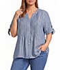Allison Daley Plus Size Short Tie Sleeve Button Front Y-Neck Top - Image 1