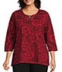 Allison Daley Plus Size Tango Red Floral Print 3/4 Sleeve Split-V Neck Knit Top, Color:Tango Red/Floral Tracings - Image 1