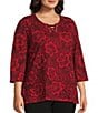 Allison Daley Plus Size Tango Red Floral Print 3/4 Sleeve Split-V Neck Knit Top, Color:Tango Red/Floral Tracings - Image 3