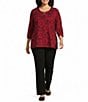 Allison Daley Plus Size Tango Red Floral Print 3/4 Sleeve Split-V Neck Knit Top, Color:Tango Red/Floral Tracings - Image 5