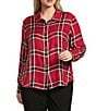 Allison Daley Plus Size Tango Red Ombre Plaid Long Sleeve Point Collar Button Front Shirt, Color:Tango Red/Ombre Plaid - Image 1