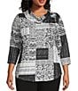 Allison Daley Plus Size Textured Print 3/4 Sleeve Envelope Neck Top, Color:Black Autumn Textured - Image 1