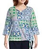 Allison Daley Plus Size Tile Block Print 3/4 Sleeve Split V-Neck Tie Hem Knit Top, Color:Tile Block - Image 1