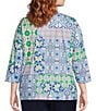 Allison Daley Plus Size Tile Block Print 3/4 Sleeve Split V-Neck Tie Hem Knit Top, Color:Tile Block - Image 2