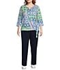 Allison Daley Plus Size Tile Block Print 3/4 Sleeve Split V-Neck Tie Hem Knit Top, Color:Tile Block - Image 3