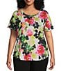 Color:Watercolor Rose - Image 1 - Plus Size Watercolor Rose Print Embellished Short Sleeve Crew Neck Art Tee Shirt