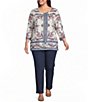 Allison Daley Plus Sze Multi Floral Muse Print 3/4 Bell Sleeve Crew Neck Top - Image 4