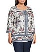 Allison Daley Plus Sze Multi Floral Muse Print 3/4 Bell Sleeve Crew Neck Top - Image 3
