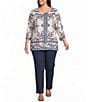 Allison Daley Plus Sze Multi Floral Muse Print 3/4 Bell Sleeve Crew Neck Top - Image 4