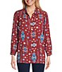 Color:Outwest - Image 1 - Point Collar Long Sleeve Button Front Printed Top