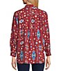 Color:Outwest - Image 2 - Point Collar Long Sleeve Button Front Printed Top