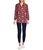 Color:Outwest - Image 3 - Point Collar Long Sleeve Button Front Printed Top